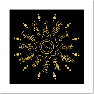 I am Positive Self Love Affirmations in Gold Gradient in Black Posters and Art